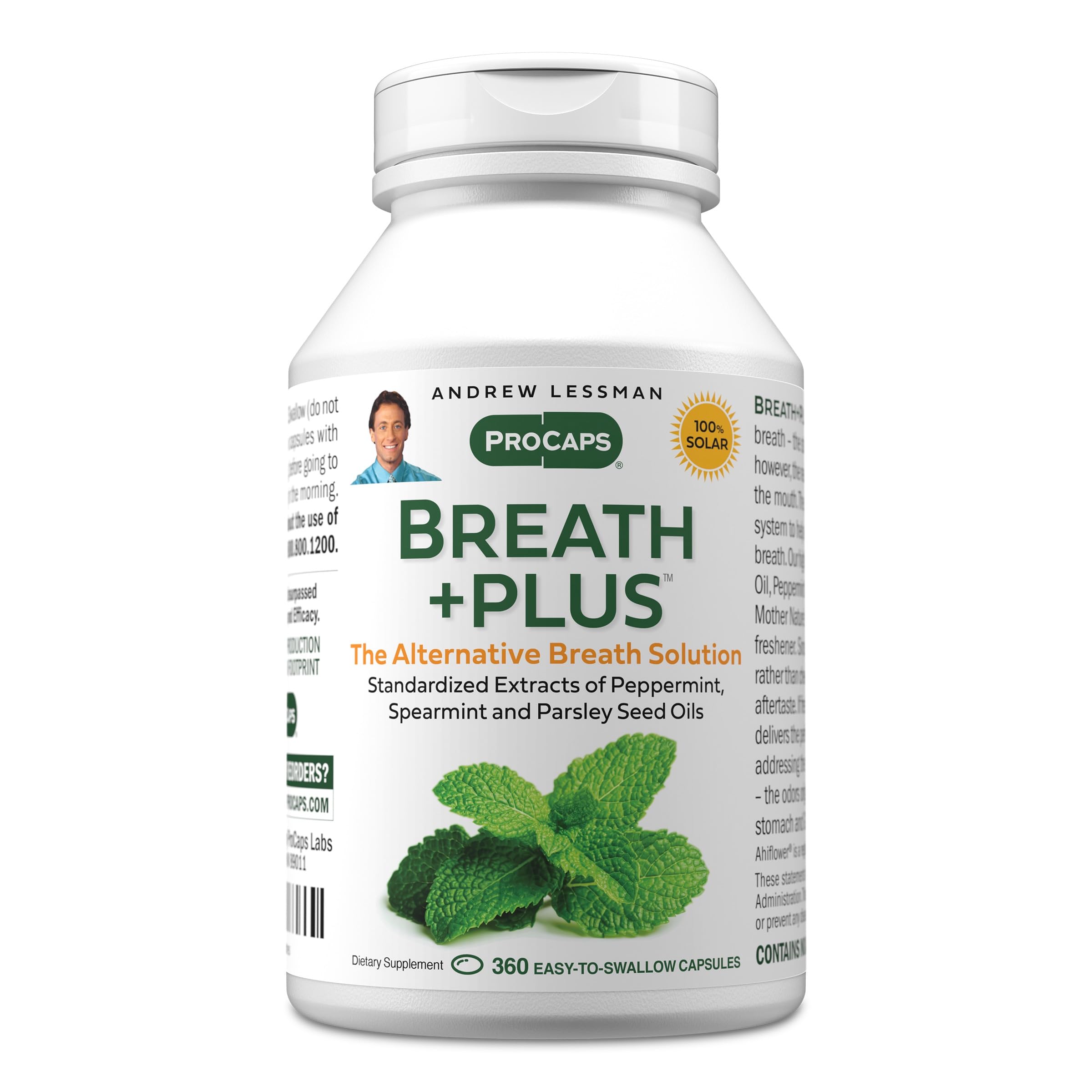 ANDREW LESSMAN Breath Plus 360 bottle closeup highlighting natural ingredients for internal fresh breath.