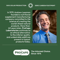 Manufacturing branding for ProCaps highlighting solar-powered facilities and eco-friendly practices.