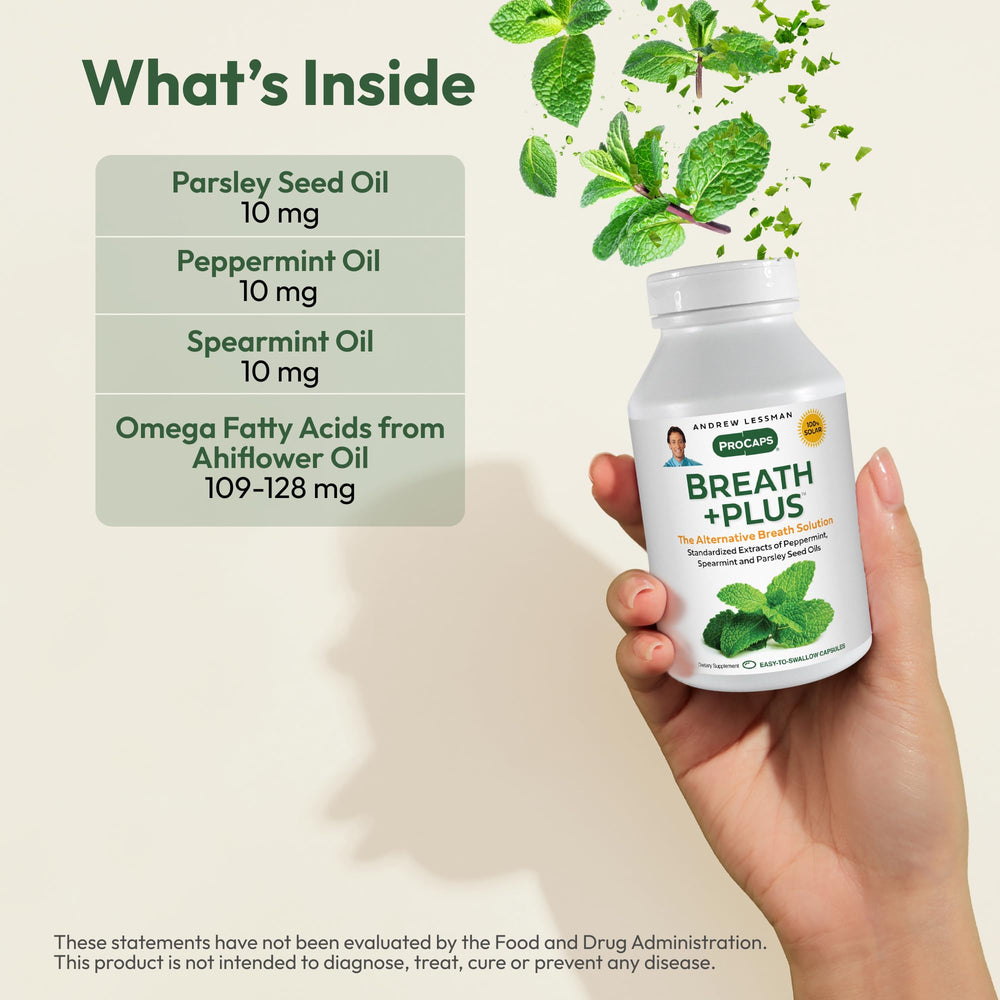 Close-up of Parsley Seed Oil in Breath Plus 360 suggesting natural breath support.