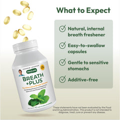 Softgel capsules pouring from Breath Plus 360 bottle indicating easy-to-swallow design.