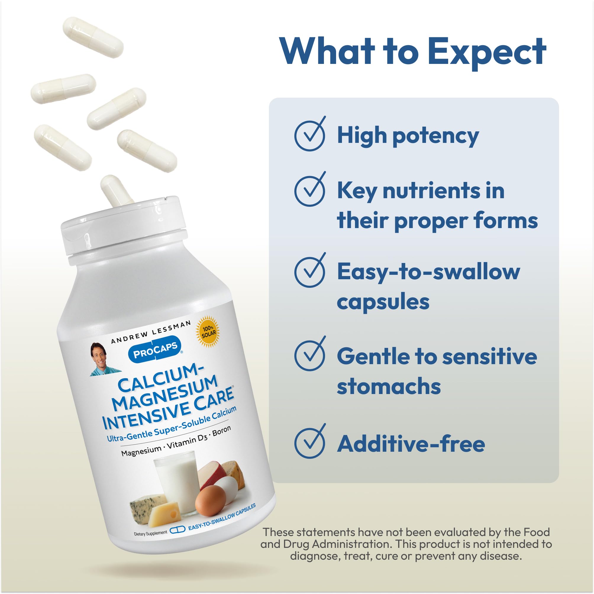 ANDREW LESSMAN Calcium Magnesium Intensive Care label emphasizes dairy-free and gluten-free ingredients
