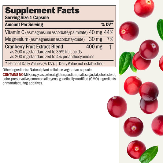 Close-up of Andrew Lessman cranberry bottle cap and easy-to-swallow capsules.