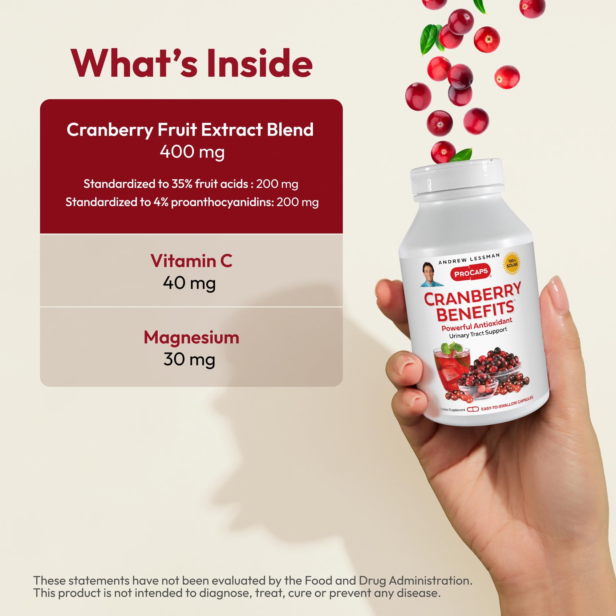 Andrew Lessman cranberry capsules in hand for convenient daily use.