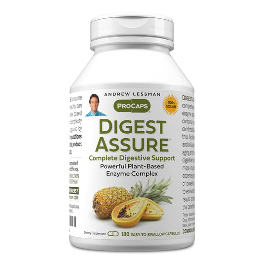 Andrew Lessman Digest Assure bottle front showing convenient vegetarian enzymes