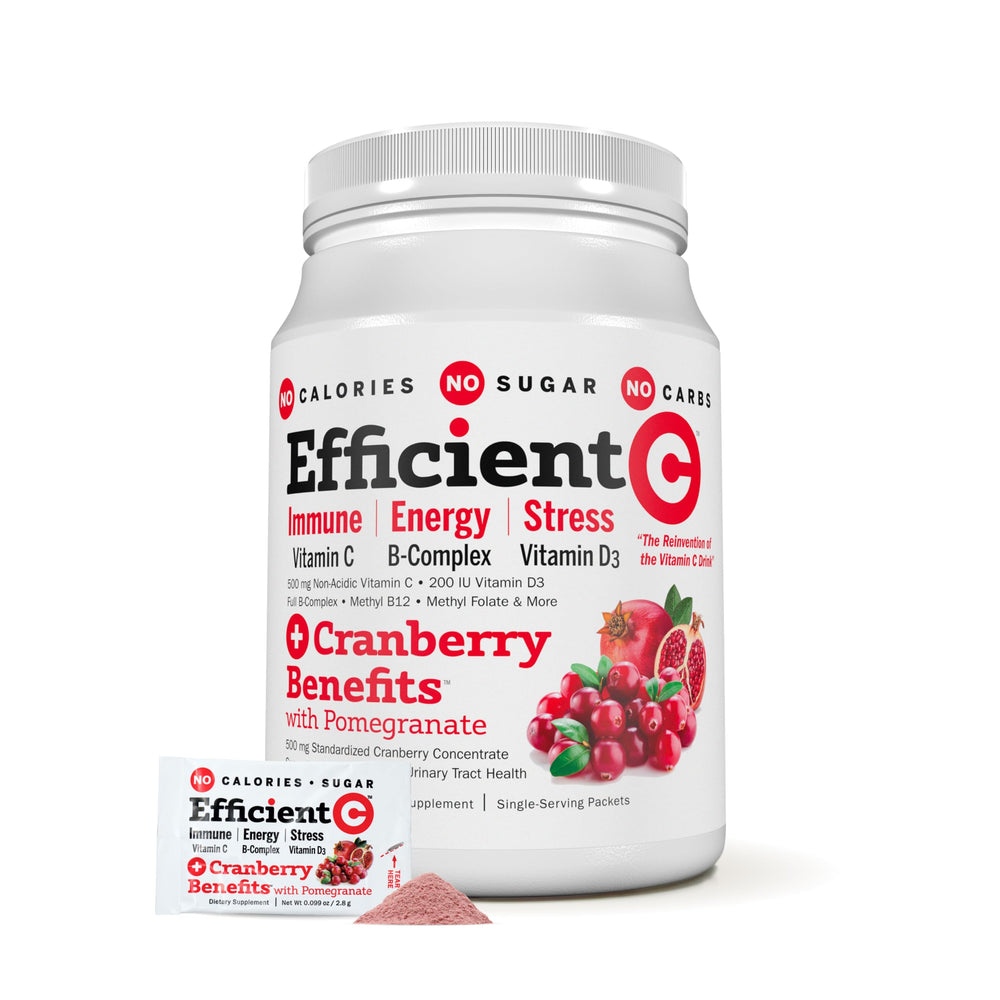 ANDREW LESSMAN Efficient C + Cranberry Benefits bottle shown as a calorie-free daily supplement