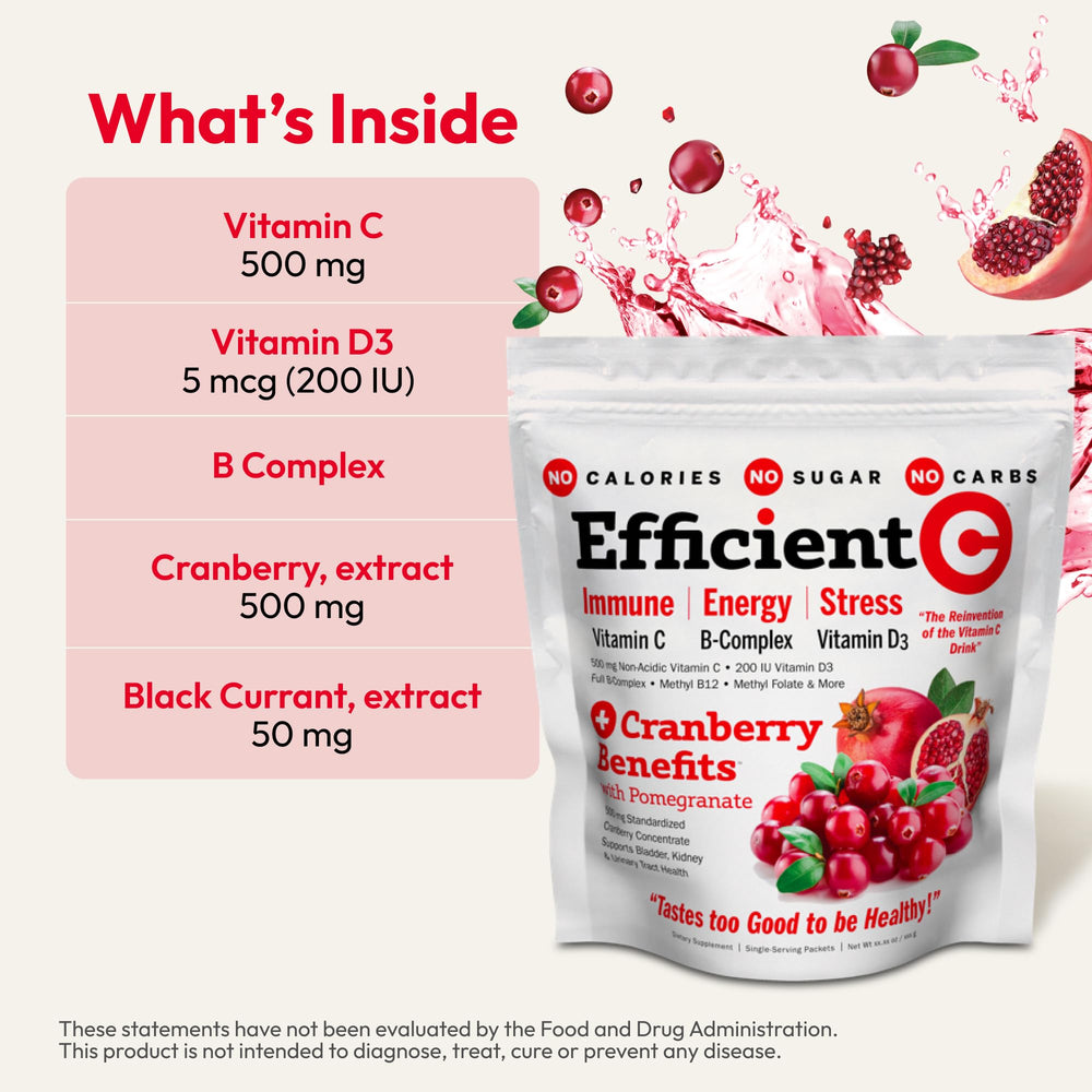 Andrew Lessman Efficient C + Cranberry ingredients label with non-acidic vitamin C and cranberry benefits