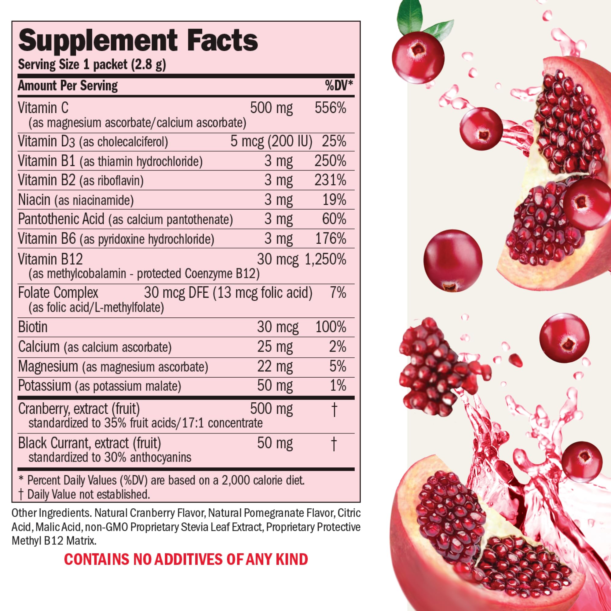 Andrew Lessman Efficient C + Cranberry label close-up highlighting clean, non-acidic vitamin C.