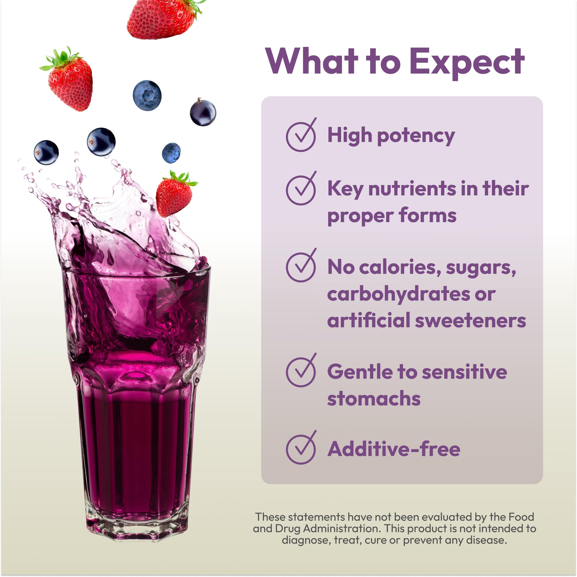 Andrew Lessman Efficient C Mixed Berry capsules closeup shows gentle, non-acidic formula for sensitive stomachs.