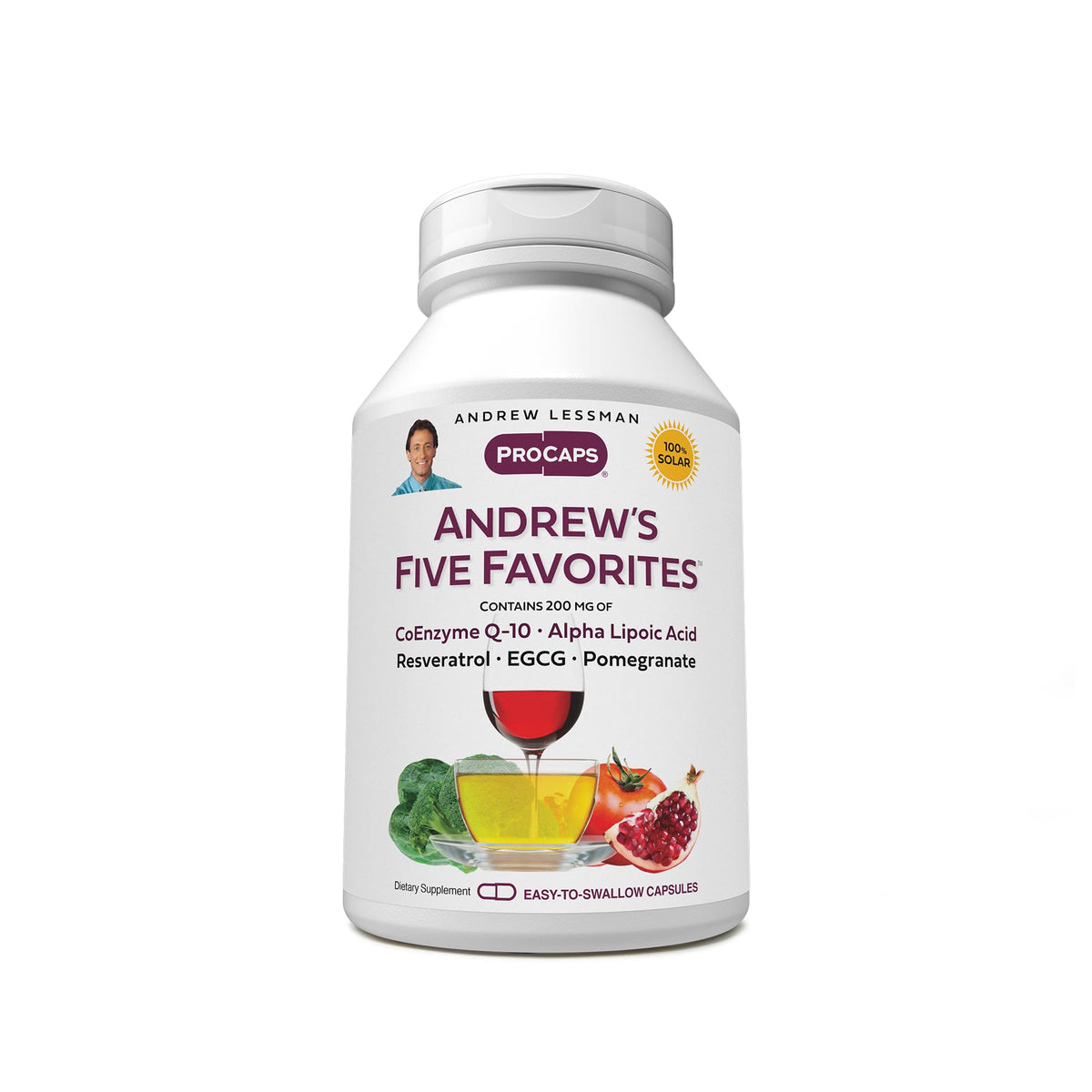 Andrew Lessman Five Favorites bottle front, daily antioxidant support in a convenient capsule.