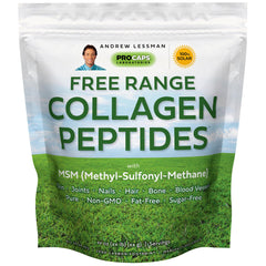 Andrew Lessman free-range collagen peptides powder jar showing premium source for skin and joint support.