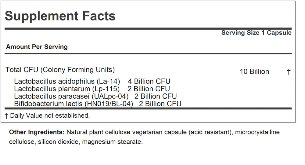 Close-up of Andrew Lessman Friendly Flora capsules highlighting 10B CFU daily support.