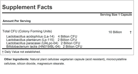 Close-up of Andrew Lessman Friendly Flora capsules highlighting 10B CFU daily support.