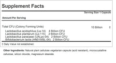 Close-up of Andrew Lessman Friendly Flora capsules highlighting 10B CFU daily support.