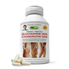 Andrew Lessman Glucosamine 1500 Chondroitin 1200mg capsules closeup for potential joint support.