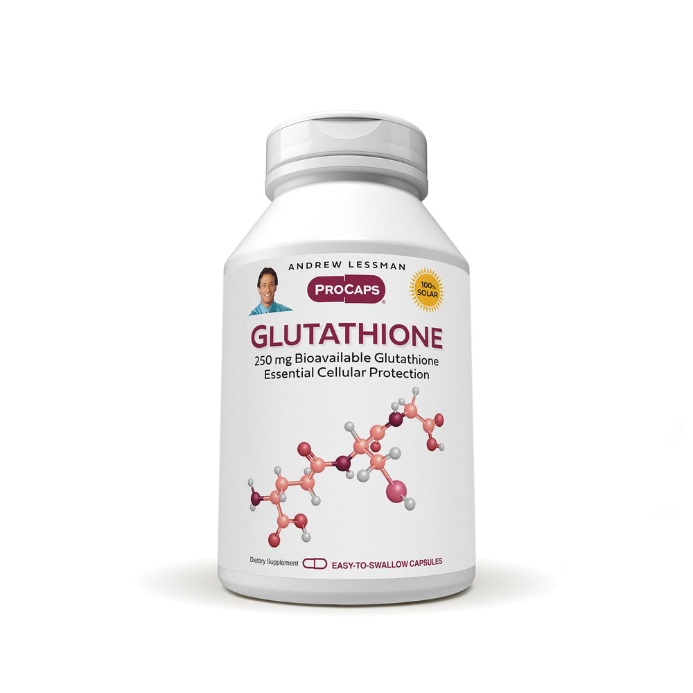 Andrew Lessman Glutathione 250 mg bottle front view, supports cellular antioxidant defense.