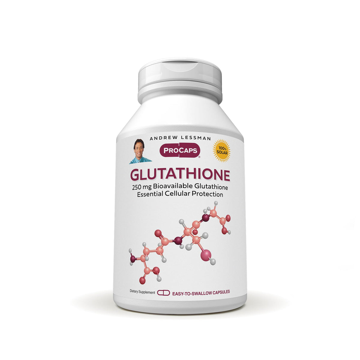 Andrew Lessman Glutathione 250 mg bottle front view, supports cellular antioxidant defense.