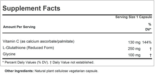 Andrew Lessman Glutathione 250 mg bottle label close-up showing purity and quality controls.
