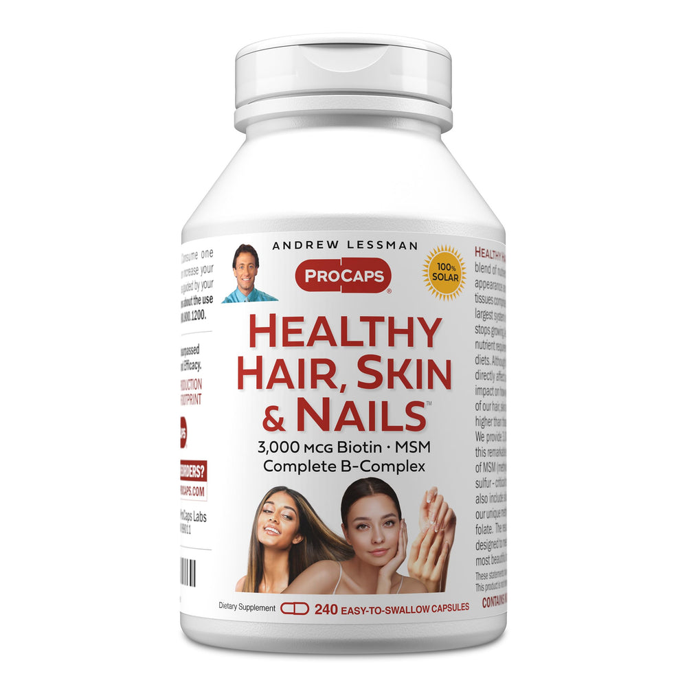 Andrew Lessman Healthy Hair Skin Nails bottle showing capsules for daily beauty support.