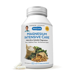 Andrew Lessman Magnesium Intensive Care bottle front, convenient daily supplement for nerves and muscles.