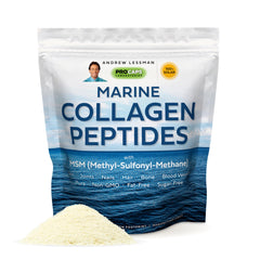 Andrew Lessman Marine Collagen Peptides bottle showing flavor-neutral daily use