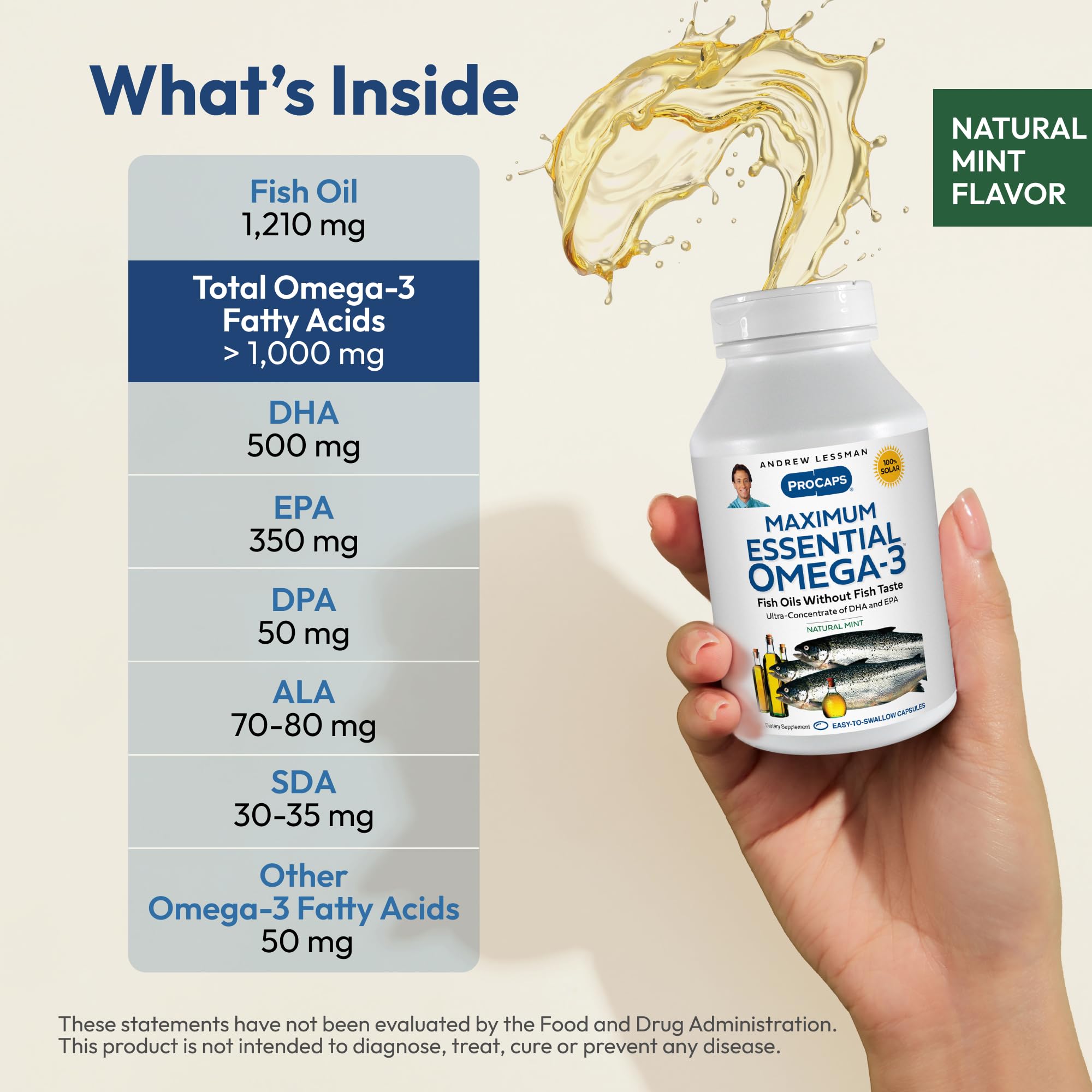 Andrew Lessman Maximum Essential Omega-3 Mint label detail highlights DHA and EPA.