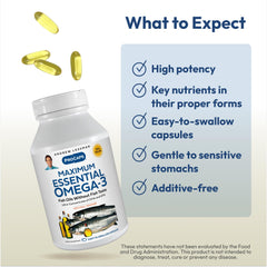 Andrew Lessman Maximum Essential Omega-3 Orange bottle with nutrition facts and clean ingredients.