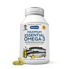Andrew Lessman Maximum Essential Omega-3 orange bottle shows premium softgels for daily heart, brain, and eye support.