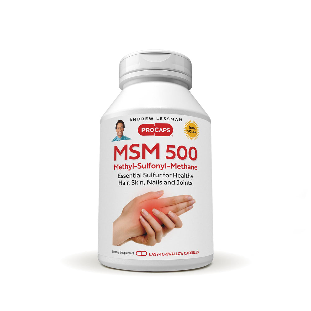 Andrew Lessman MSM 500 bottle front shows pure organic sulfur supporting joints and skin.