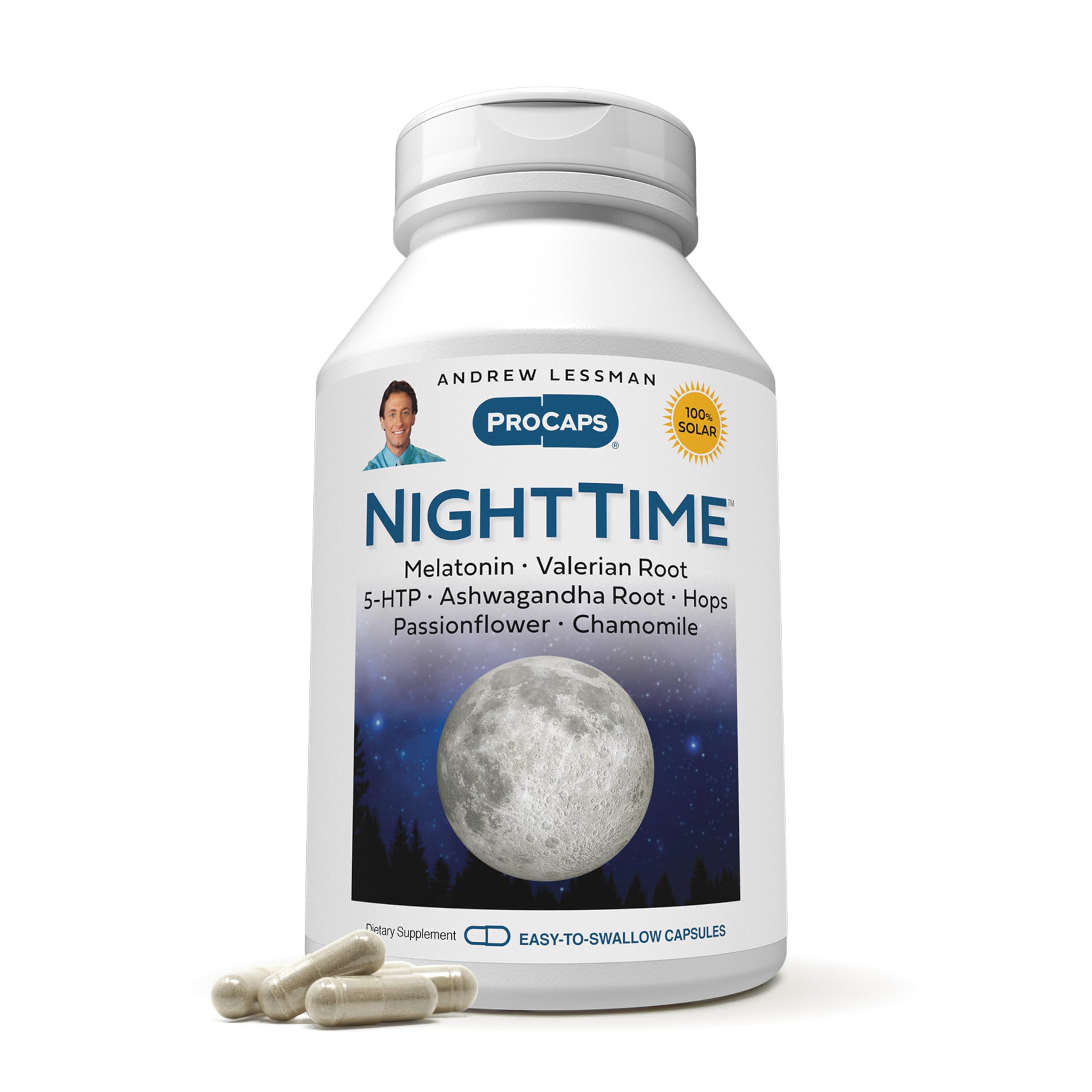 Andrew Lessman Night Time bottle with capsules, promoting a calm evening routine