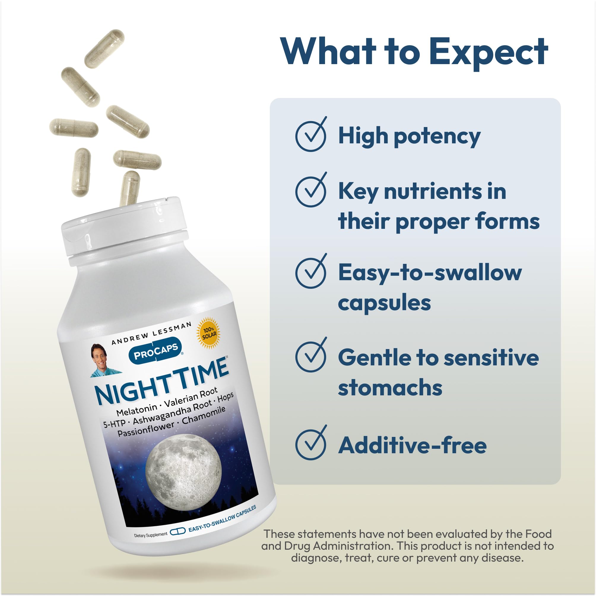 Ingredient list panel featuring melatonin and 5-HTP for natural sleep support