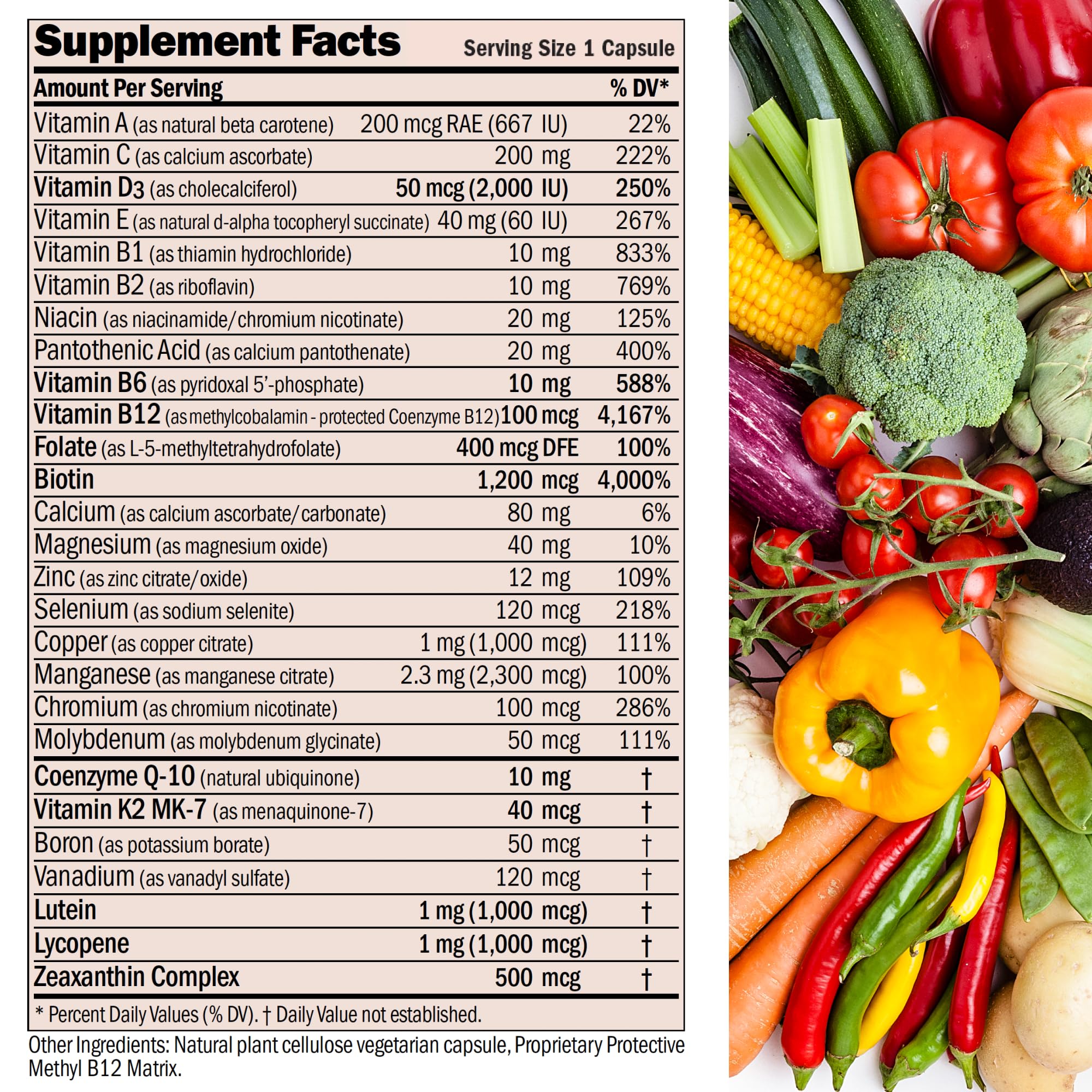 Label close up highlighting D3 CoQ10 and B vitamins