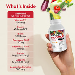 Nuoncemax label detail, showing vitamin D3 and CoQ10 in the formula.