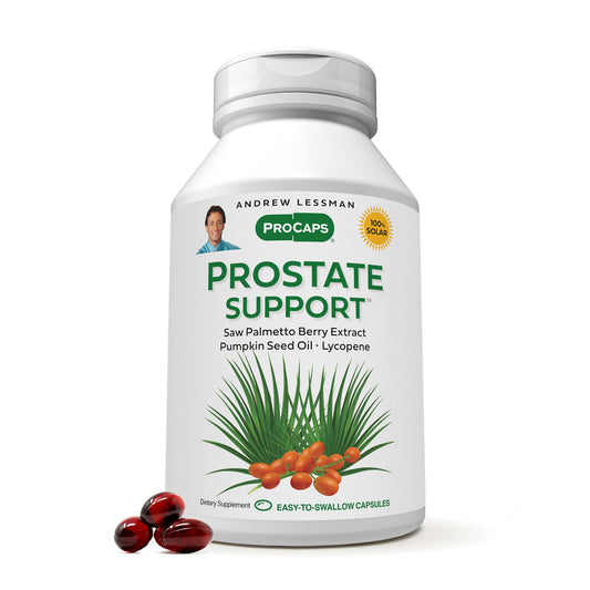 Andrew Lessman Prostate Softgels bottle front promotes prostate health support for daily urinary comfort.