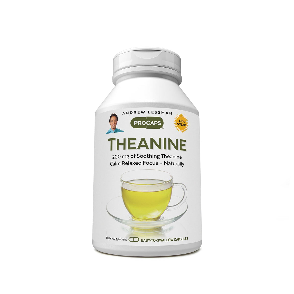 Andrew Lessman Theanine 200 mg bottle front promoting calm focus and natural wellness