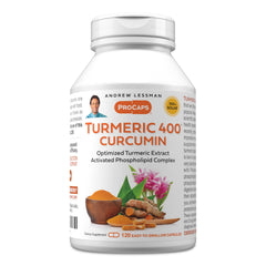 Andrew Lessman Turmeric 400mg bottle front showing potent curcuminoids for daily joint and liver support.