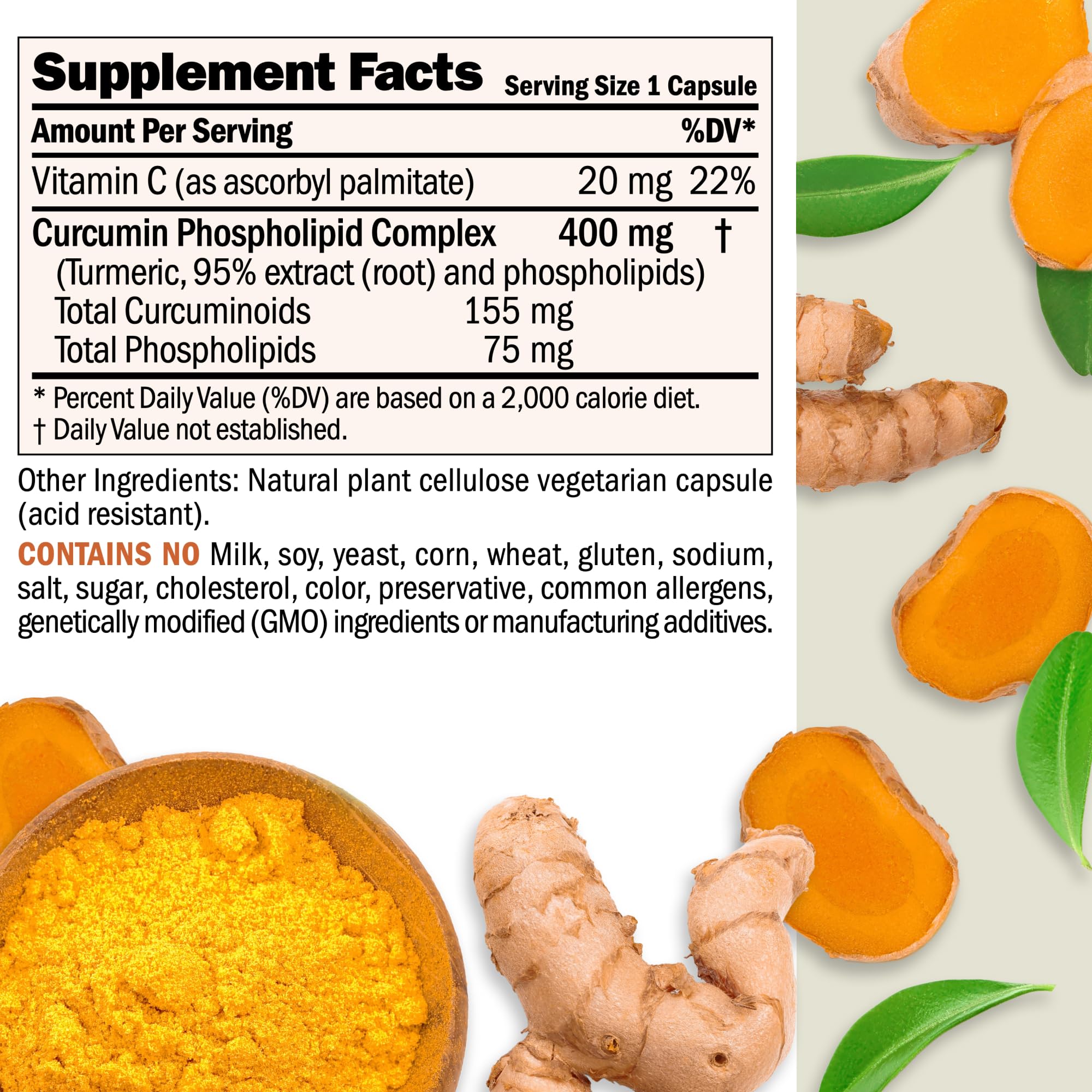 Andrew Lessman Turmeric 400mg capsules closeup highlighting small, easy-to-swallow capsules.