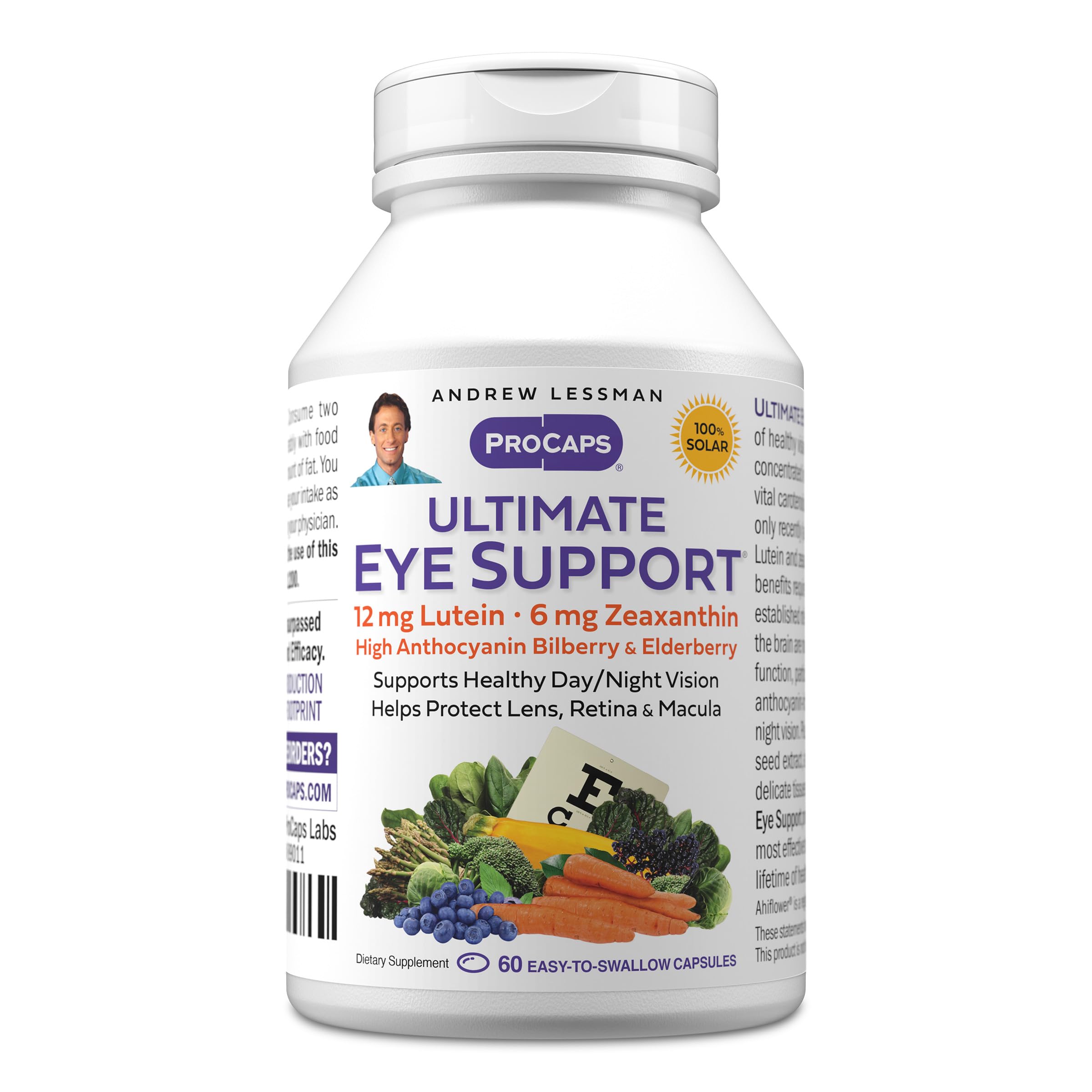 Andrew Lessman Ultimate Eye Support bottle front, easy-to-swallow softgels and branding visible