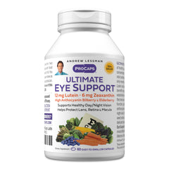 Andrew Lessman Ultimate Eye Support bottle front, easy-to-swallow softgels and branding visible