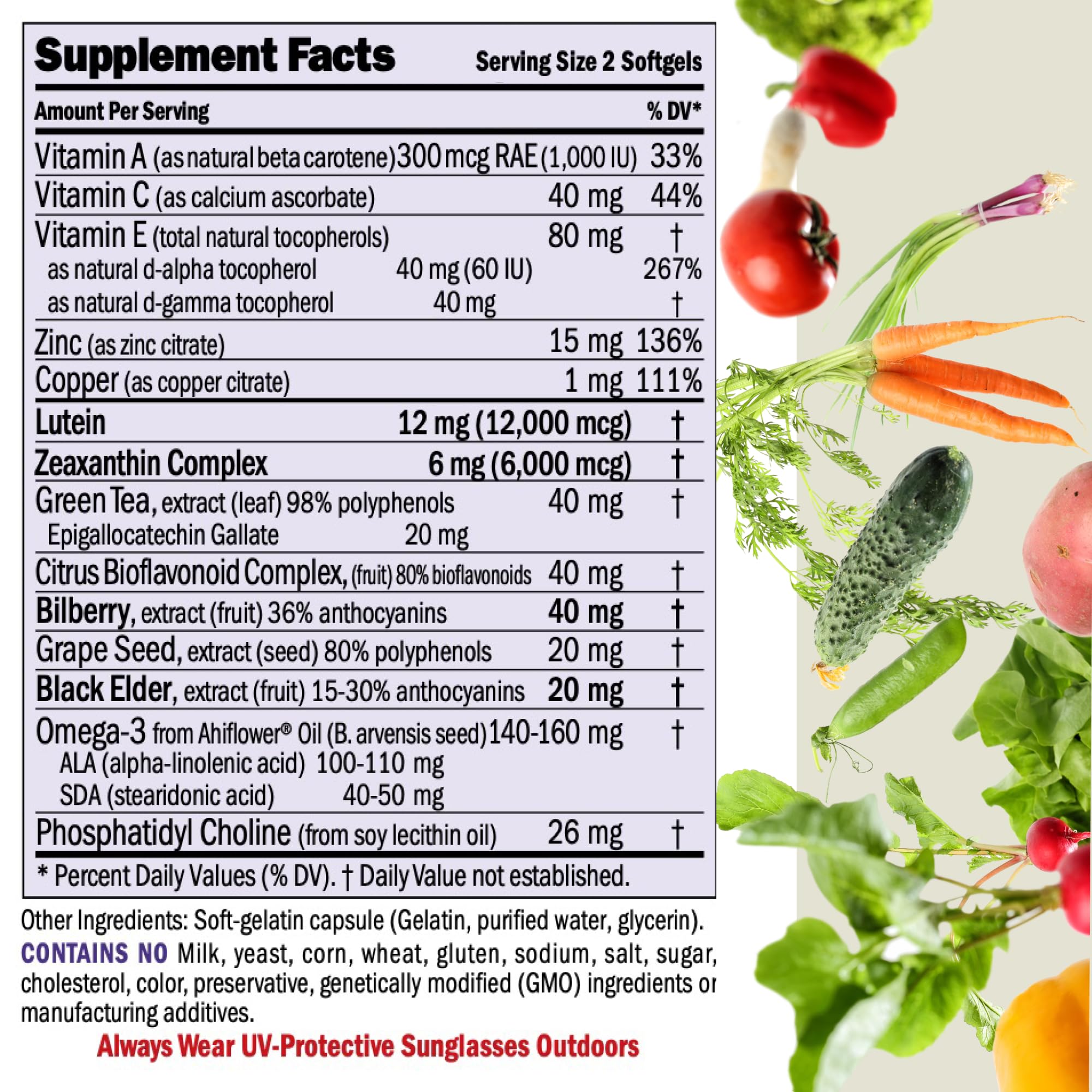 Andrew Lessman Ultimate Eye Support label closeup highlights pure, allergen-free formula for easy digestion.
