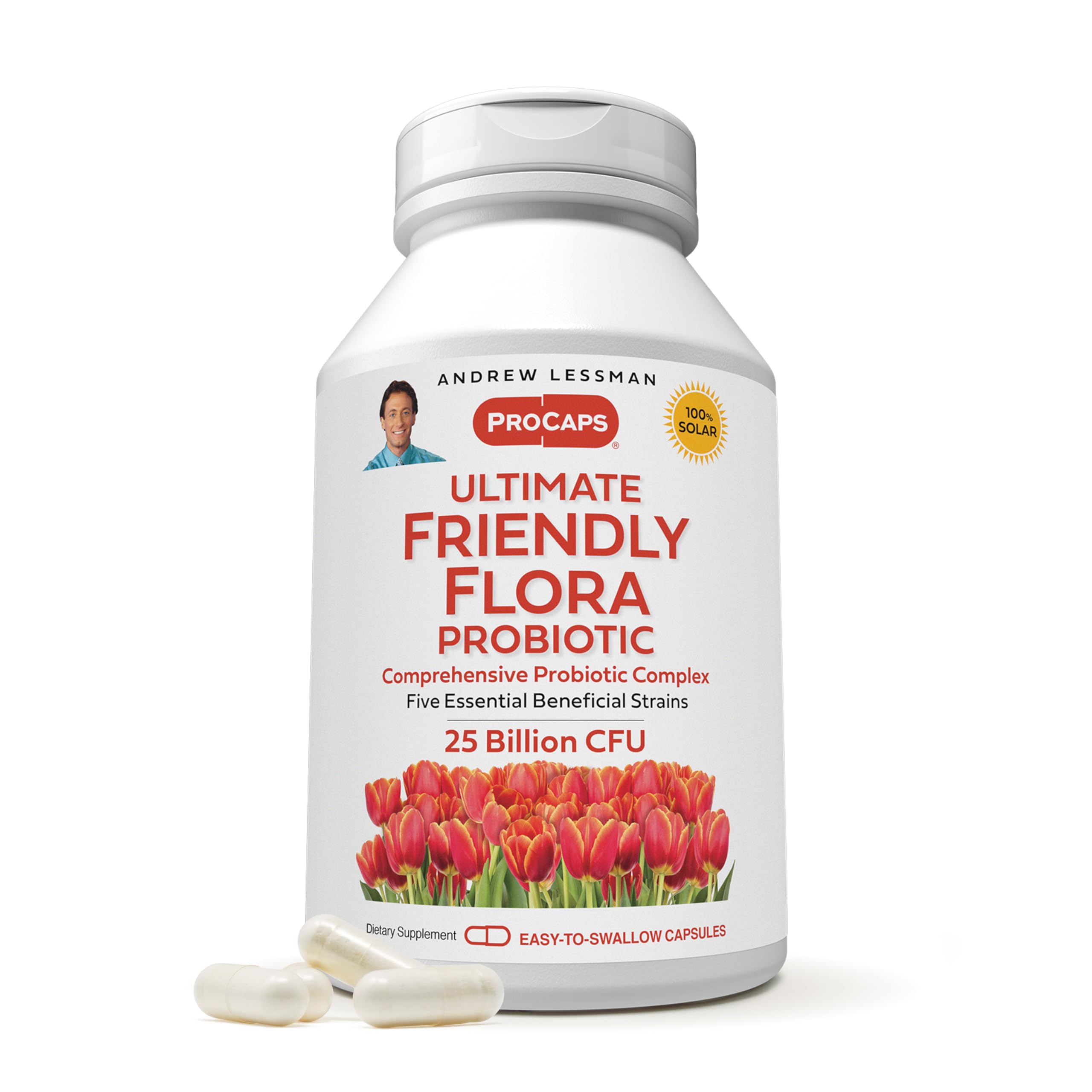 Andrew Lessman Ultimate Friendly Flora bottle front view with label and 25B CFU claim for daily support.