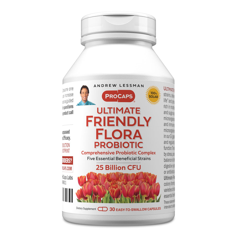 Andrew Lessman Ultimate Friendly Flora bottle front shows 25B CFU for daily digestive balance.