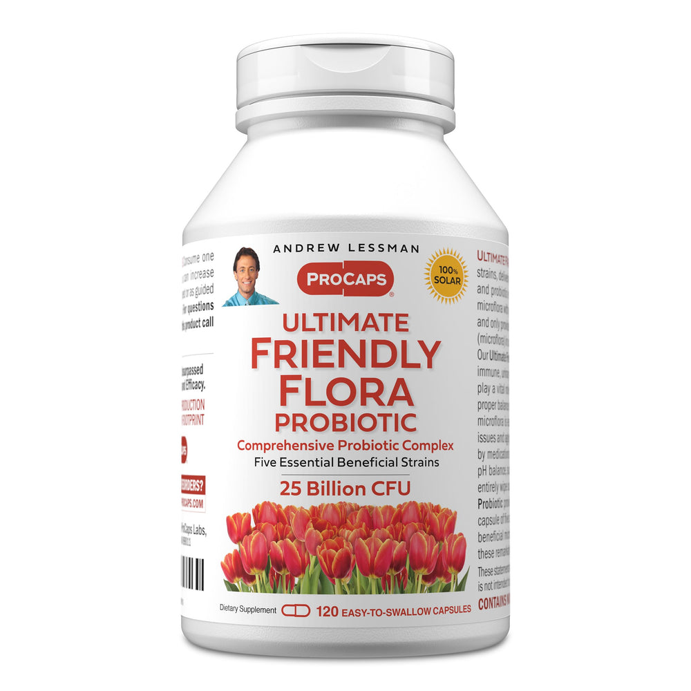 Andrew Lessman Ultimate Friendly Flora bottle showing 120 capsules for daily support