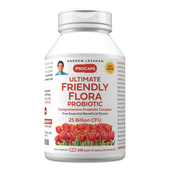 Andrew Lessman Ultimate Friendly Flora bottle on counter for daily digestive balance