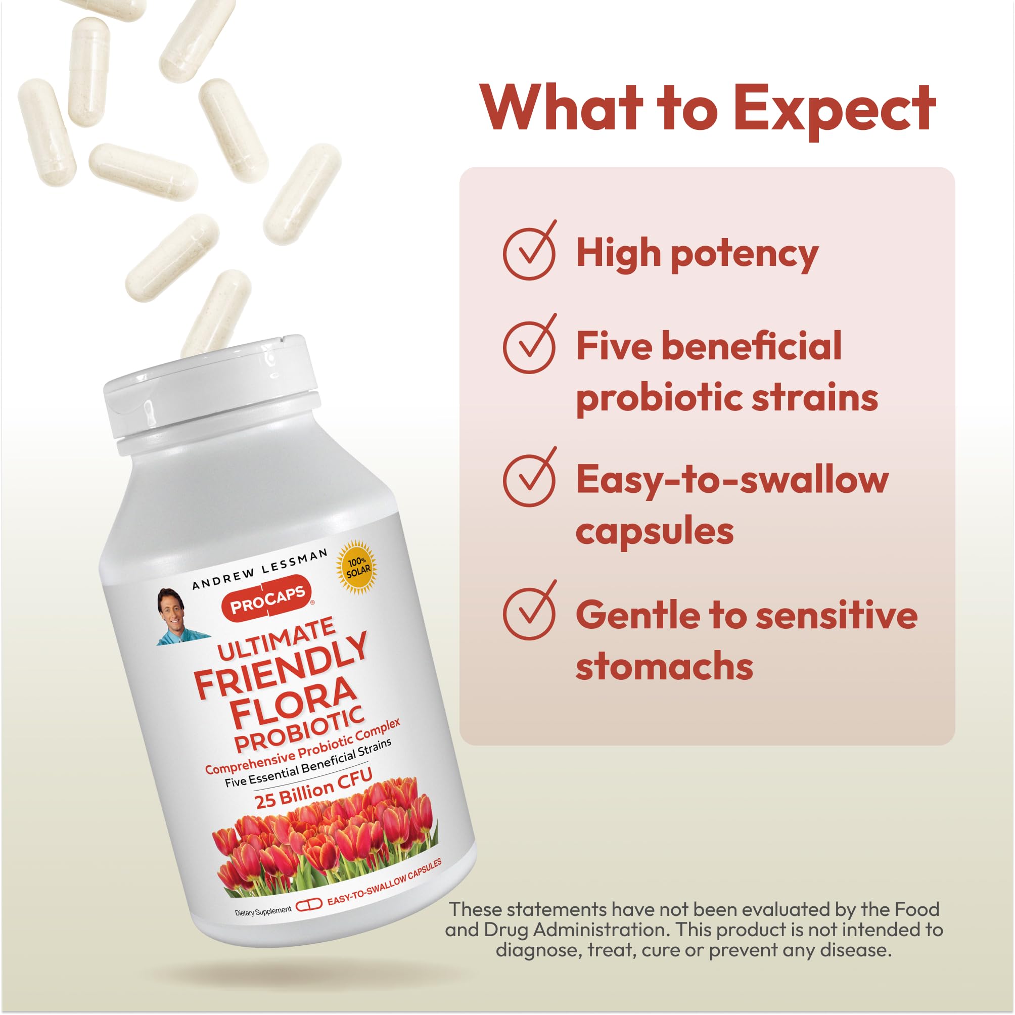 Andrew Lessman Ultimate Friendly Flora packaging demonstrates dairy-free and gluten-free attributes.