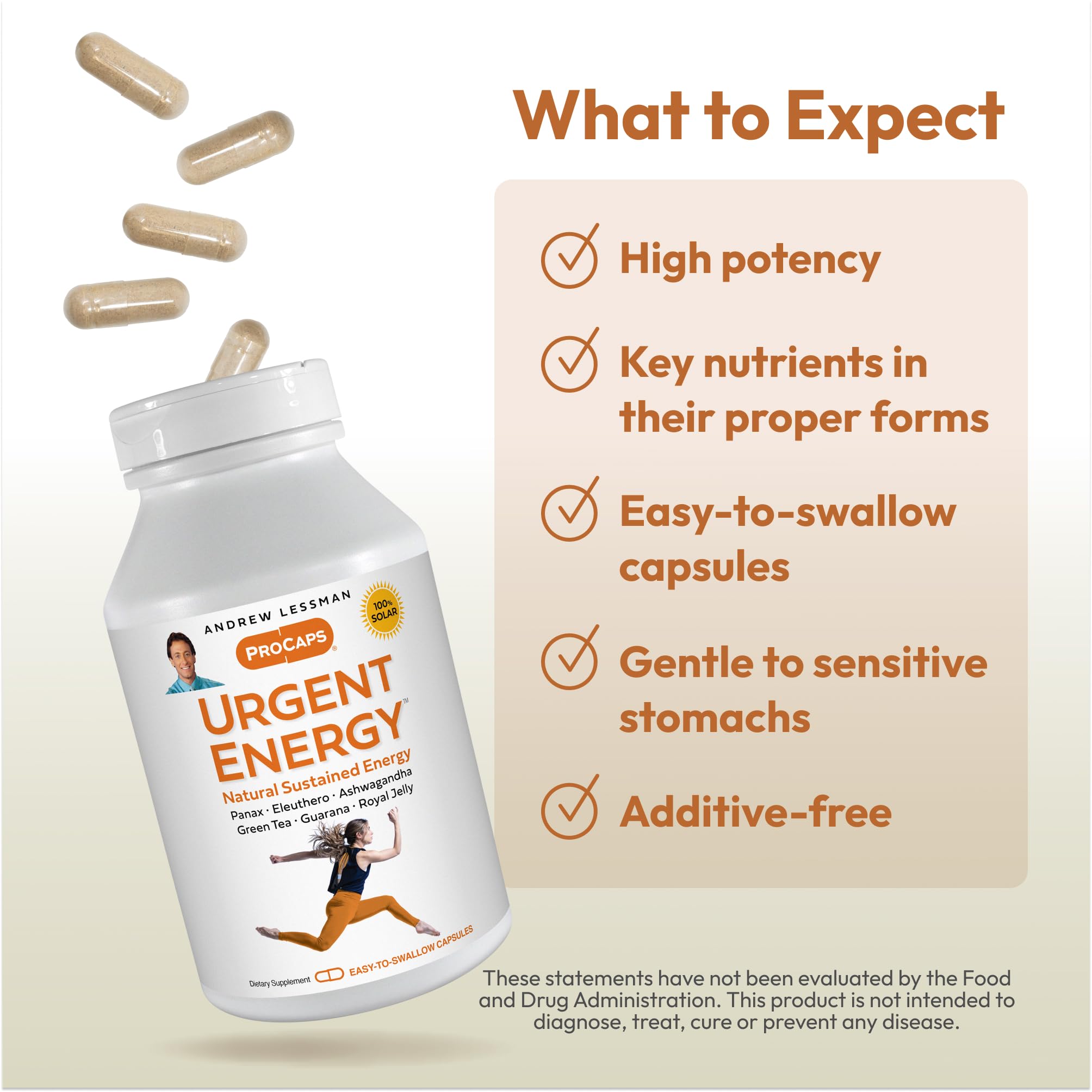 Andrew Lessman Urgent Energy capsules pouring from bottle for easy use