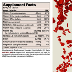 Close-up of Andrew Lessman Vitamin B12 capsules highlighting easy-to-swallow, absorption-protected delivery.