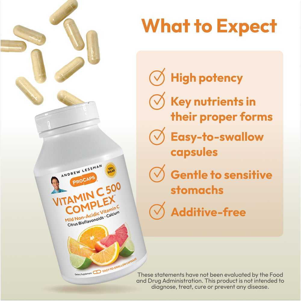 Andrew Lessman Vitamin C 500 Complex bioflavonoids image emphasizes absorption support.