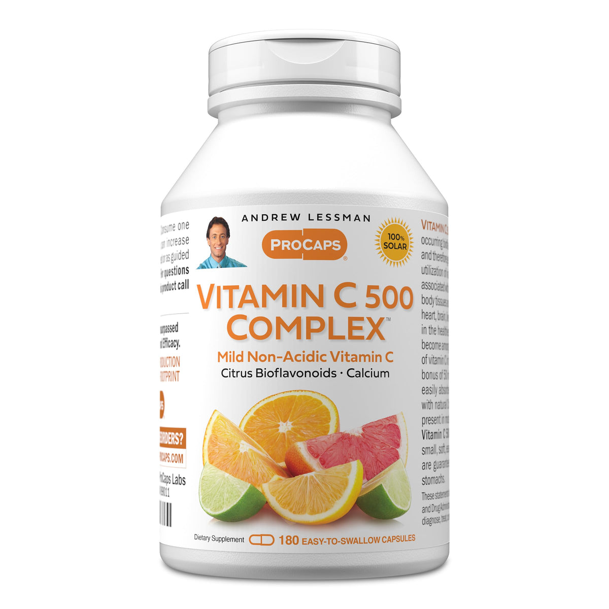Andrew Lessman Vitamin C 500 Complex bottle front, non-acidic formula gentle on the stomach