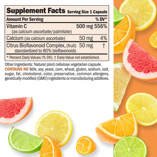 Andrew Lessman Vitamin C 500 Complex capsules close-up showing non-acidic formulation gentle on stomachs.
