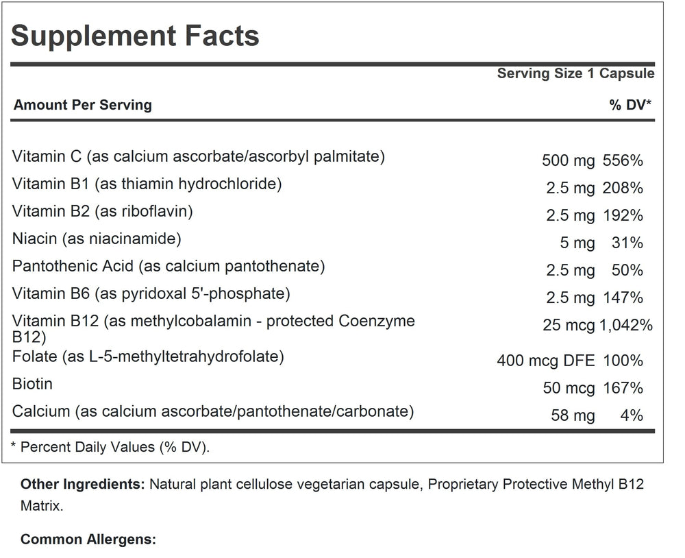 Andrew Lessman Vitamin C 500 Plus B-Complex capsules close-up showing non-acidic formula.